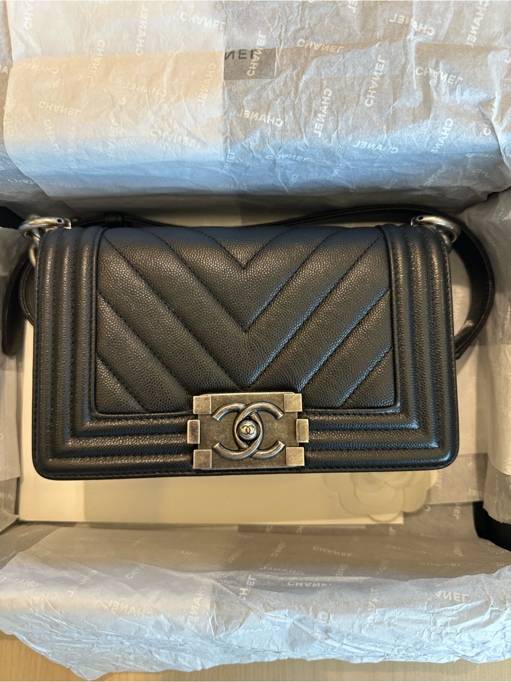 CHANEL Black Chevron Boy Bag